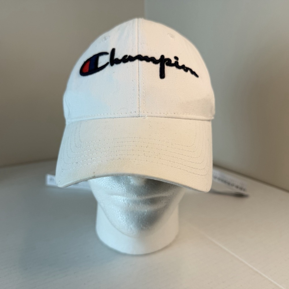 Champion Hat Spellout White Adjustable‎ Ball Cap Leather Strap & Buckle